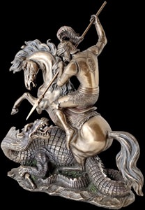 Sankt Jørgen og dragen figur i fuld figur, bronze-patineret skulptur i dynamisk kamp, perfekt til kontordekoration